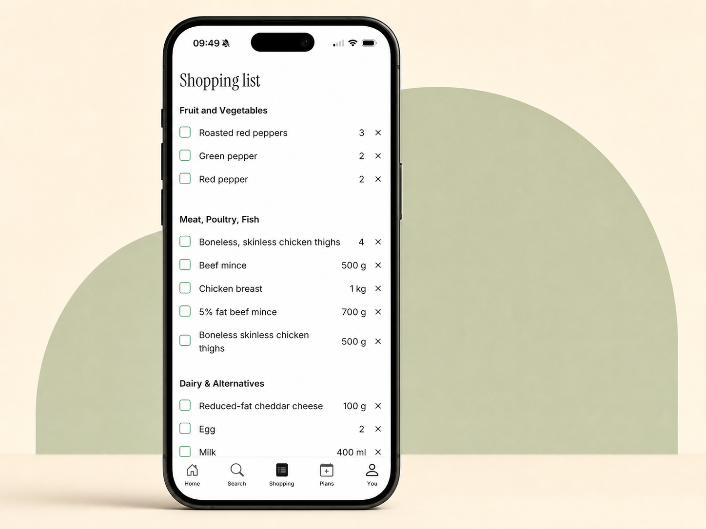 Automatic shopping list inside Meals with Max