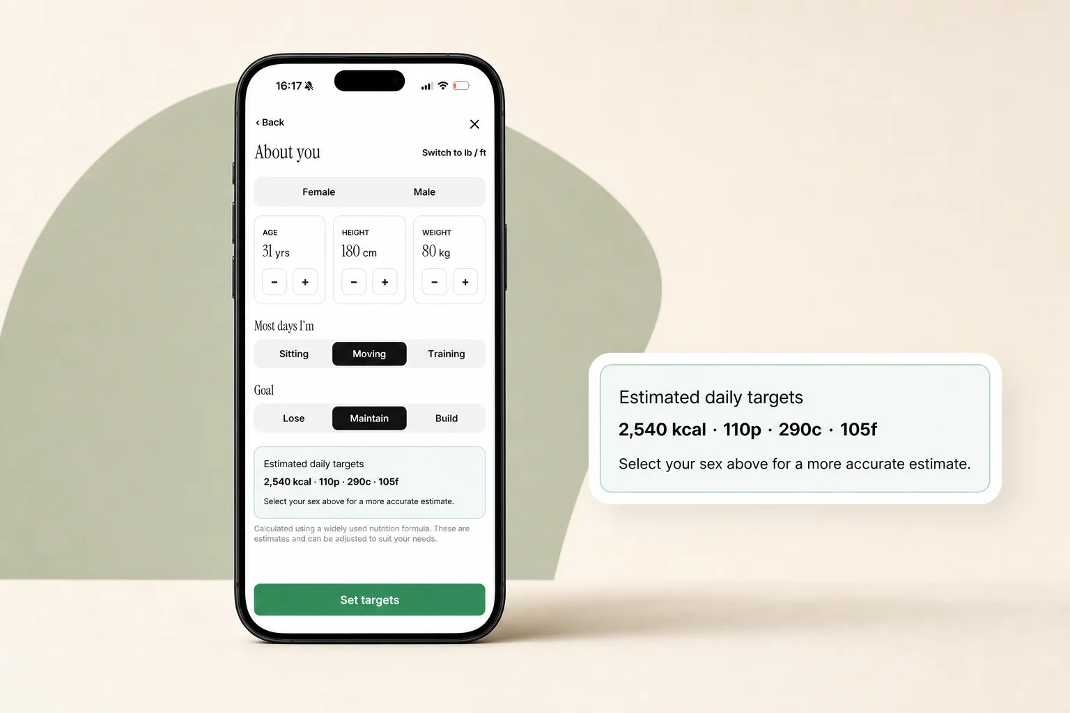 Meals with Max app showing adjustable calorie and macro targets