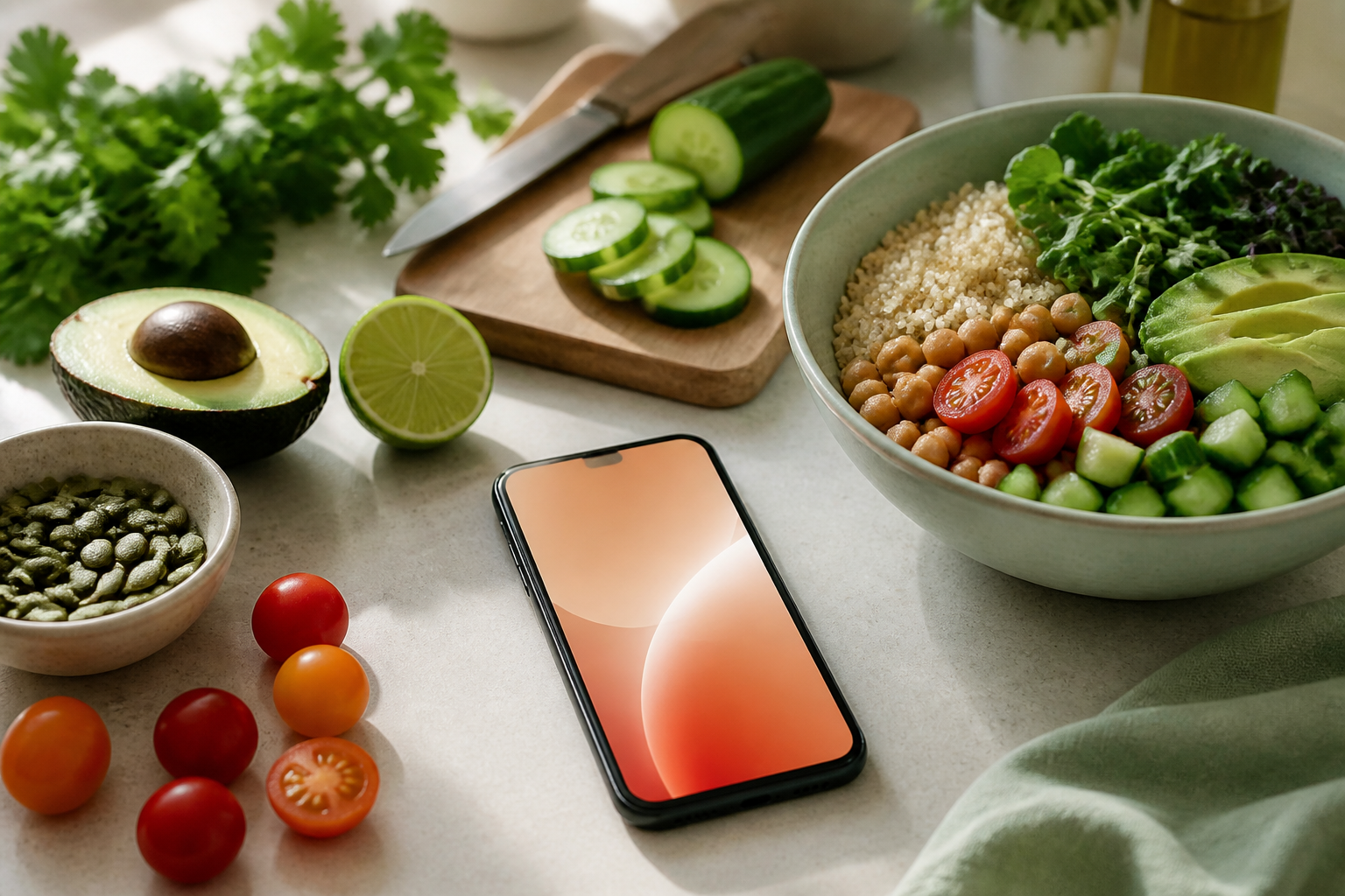 Phone with the Meals with Max app next to fresh ingredients on a kitchen counter