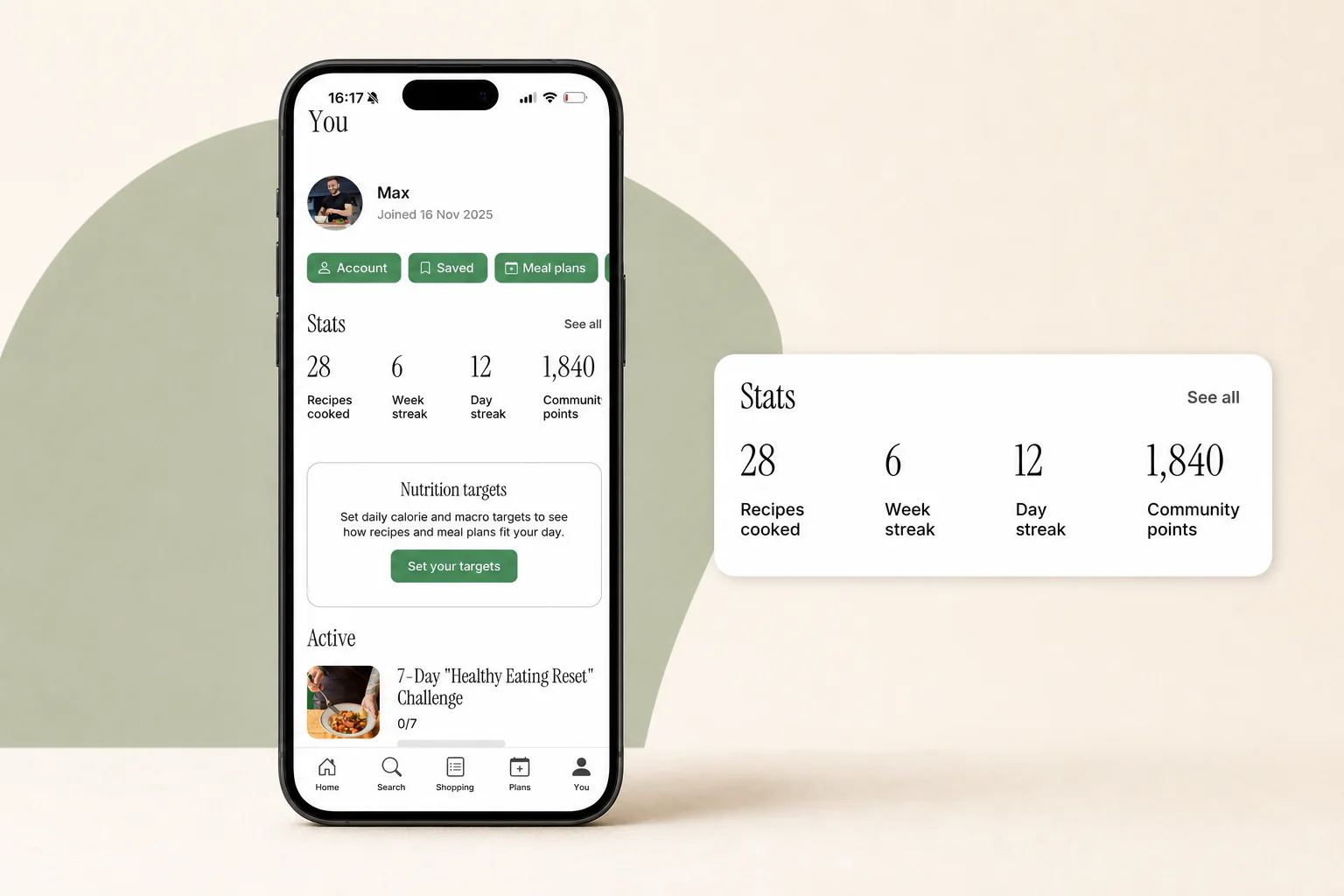 Meals with Max profile showing streaks and stats