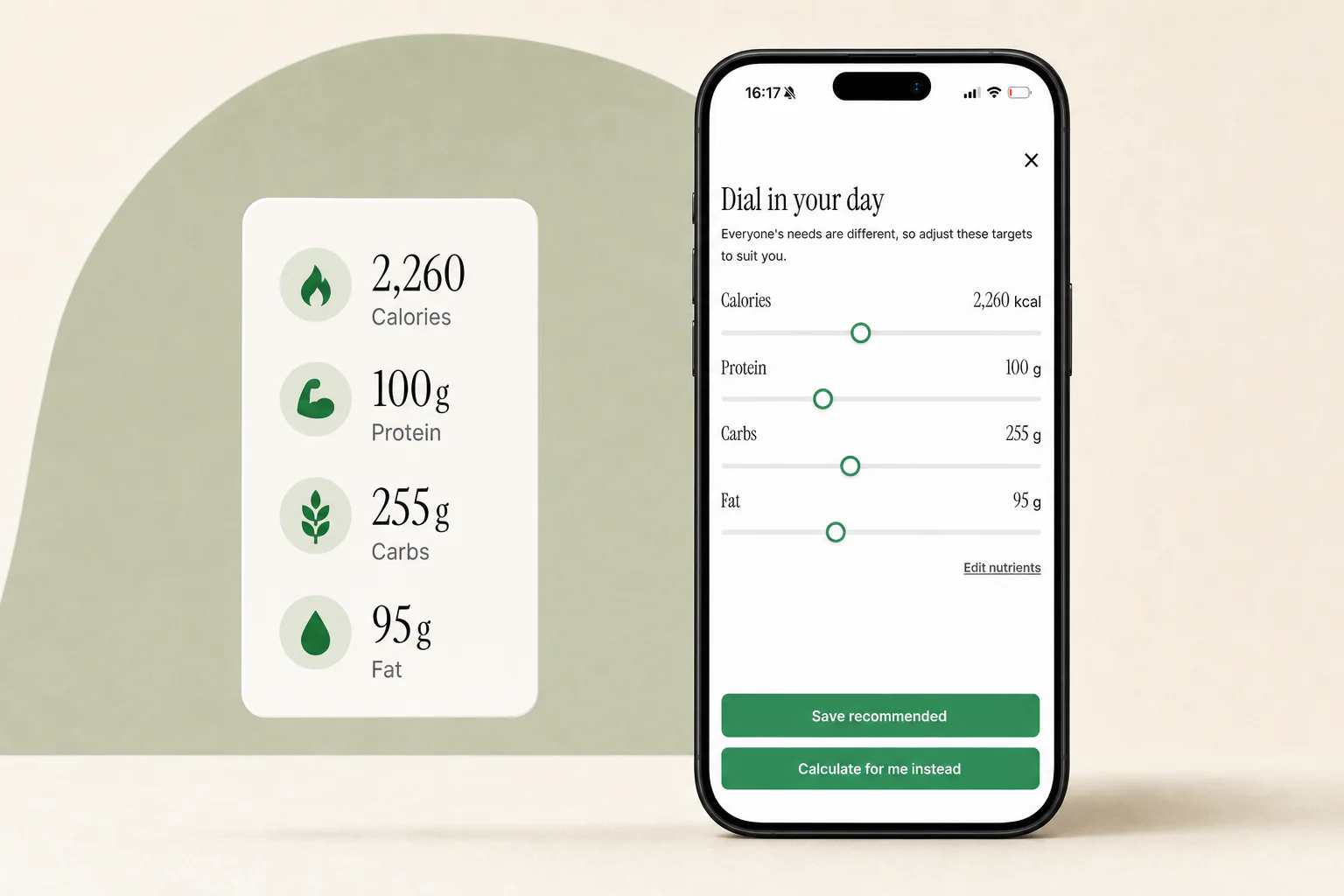 Meals with Max app showing adjustable calorie and macro targets